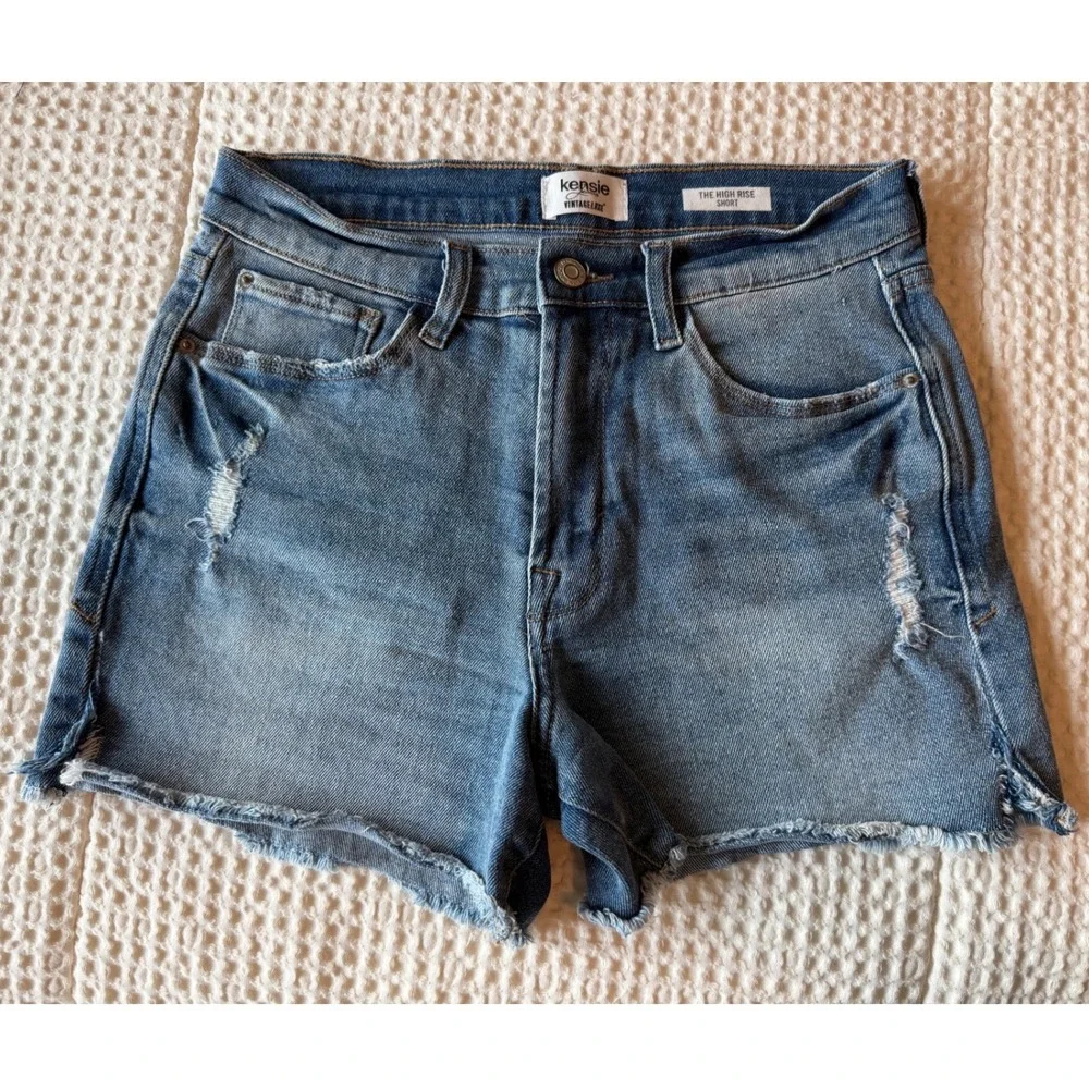 Kensie Jeans Vintage Luxe High Rise Distressed Denim Shorts Blue Women Size 27